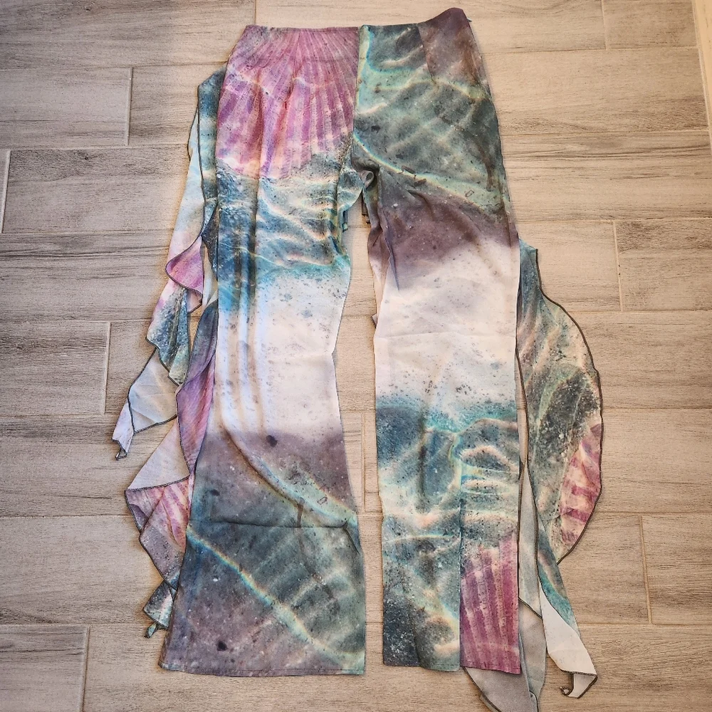 PrettyLittleThing PLT beach pants 6 green purple ruffles sheer wide leg swim new